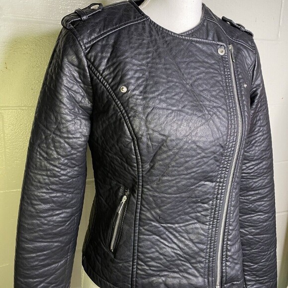 New Look Women SZ Medium Black Faux Leather Moto Jacket Full Side Zip Biker Coat - Picture 8 of 12